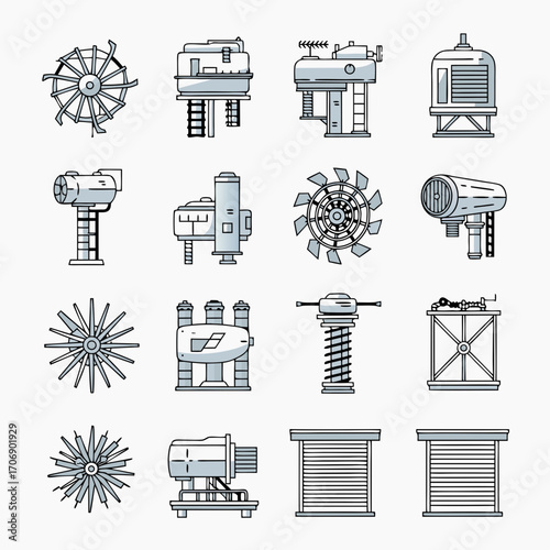 a set of industrial machines and equipment in a factory with various tools and devices