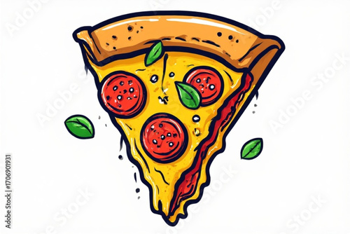 Cartoon illustration of a pizza slice with pepperoni, cheese, basil, and crust on a white background.