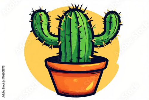 Illustration of a green cactus with yellow spines in an orange pot against a yellow circle backdrop.