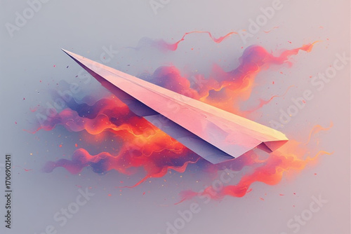 A stylized paper airplane soars through vibrant, abstract clouds, evoking a sense of flight and imagination.