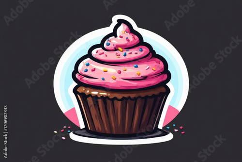 A vibrant cartoon illustration of a delicious-looking pink frosted cupcake.
