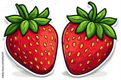 Two vibrant cartoon strawberries, depicted with detailed texture and bright colors, presented as stickers.