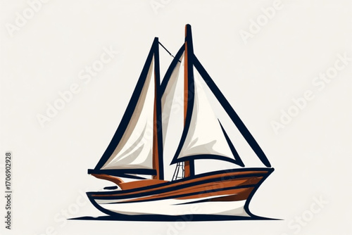 Illustration of a sailboat with white sails and a brown hull against a plain background.