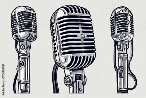 Three vintage microphones are displayed in a row against a light background, showcasing their classic design.