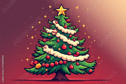 Cartoon Christmas tree with ornaments and a star, decorated with lights and snow.