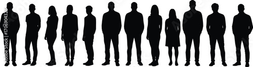 Silhouettes of diverse group standing together, men and women, casual posture, black on white background, social gathering, teamwork, community.