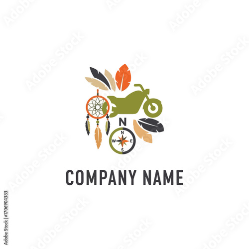 Motorcycle dreamcatcher compass logo with feathers.