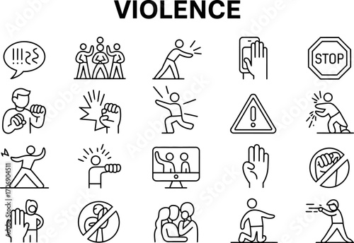 Violence icon set aggression conflict and abuse line symbols