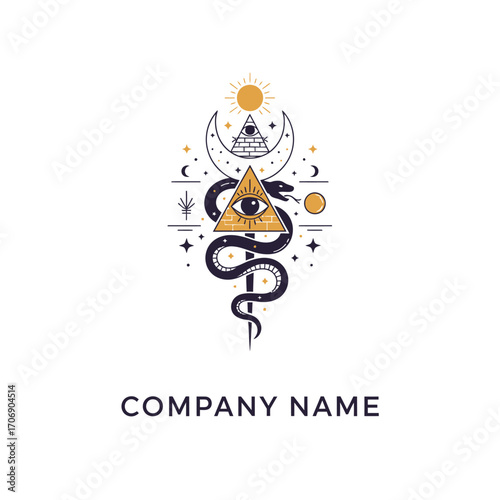 Mystical All-Seeing Eye Pyramid with Snake and Celestial Elements.