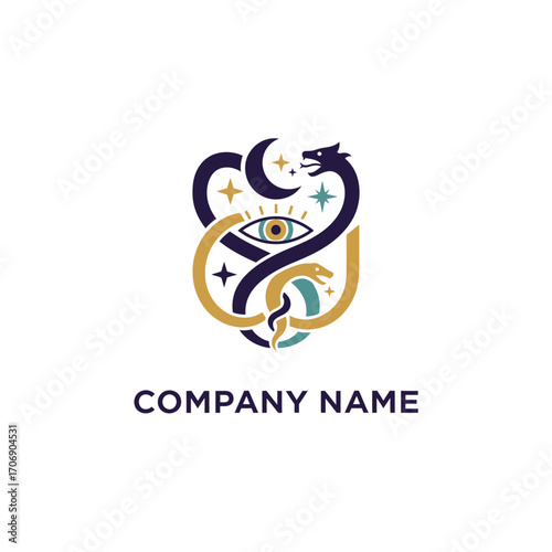 Mystical Dragon and Eye Logo with Celestial Elements.