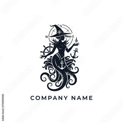 Mystical Mermaid Witch with Nautical Elements Logo Design.