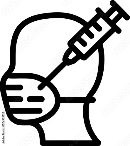 Close-up of a profile head wearing a protective mask with a syringe injecting into the temple, symbolizing medical treatment or vaccination.