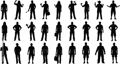 Silhouettes of diverse men and women, casual and work attire, holding phones, tools, bags, various poses, standing, lifestyle, communication, teamwork.