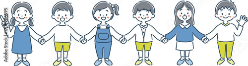 笑顔で手をつなぐ子供たちのシンプルでおしゃれなイラスト素材