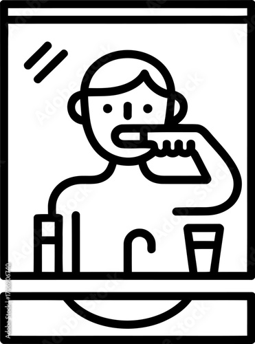 Person brushing teeth in bathroom mirror, morning routine hygiene