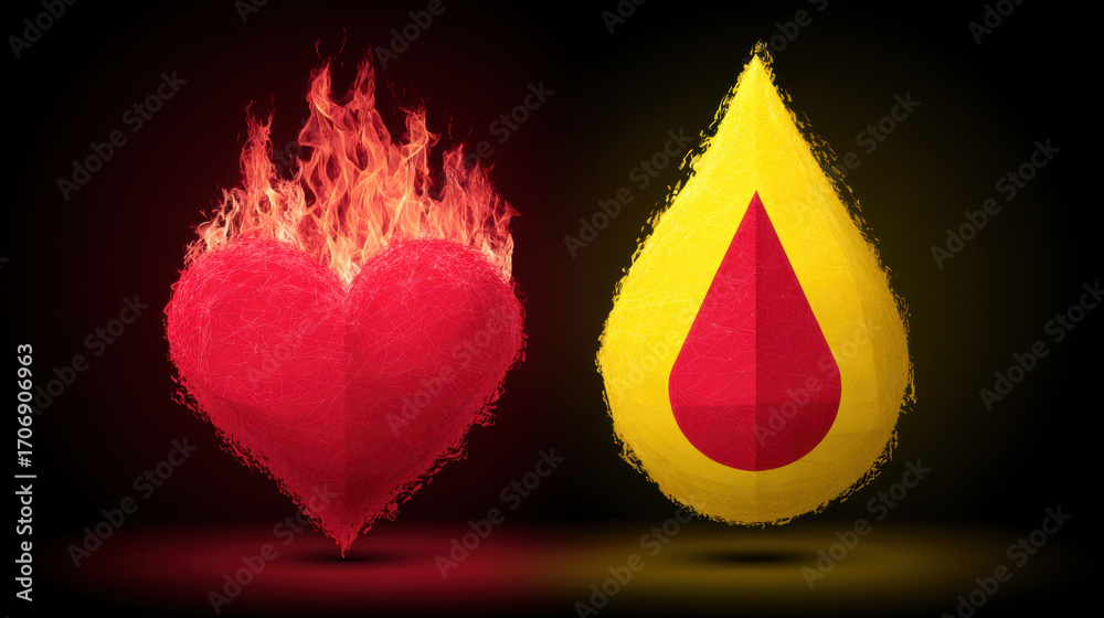 Obraz premium Heart flame burning passion red fire heat energy yellow droplet red teardrop contrast duality concept emotion glows in bold color with textured detail and dramatic balance