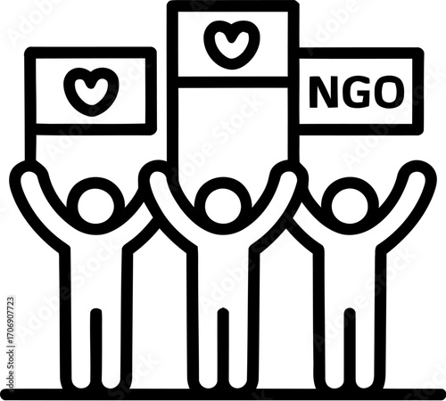 People holding flags with hearts and NGO sign, symbolizing unity and support for non-governmental organizations.