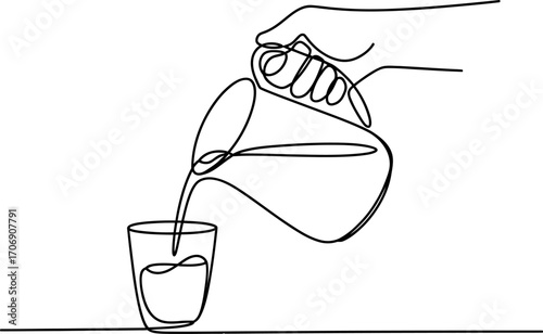Continuous line drawing of a hand pouring water from a pitcher into a glass