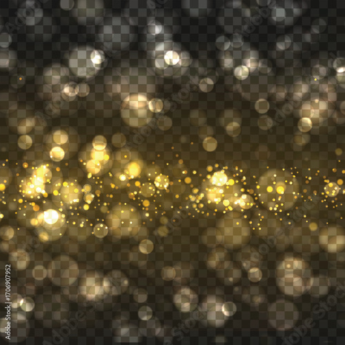 Glowing golden glitter trail with sparkling bokeh lights overlay. Vector