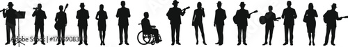 Silhouettes of diverse music band members playing instruments, including guitar, flute, cello, wheelchair musician, vintage hats, standing in line.