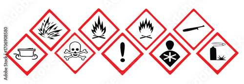 Globally Harmonized System (GHS) hazard Warning symbols with red curved outline isolated on transparent background. All 9 GHS chemical labelling stickers