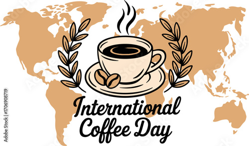 International coffee day celebration with steaming cup and world map background