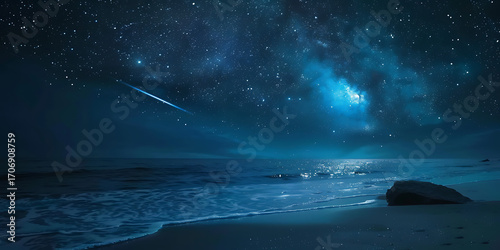 Magical night sky with a shooting star over a calm ocean and sandy shore.