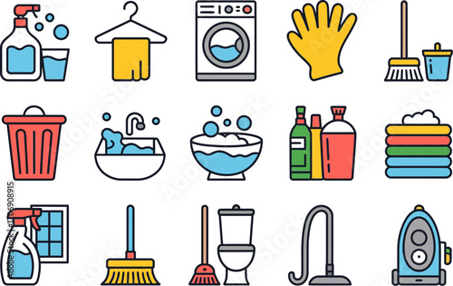 Collection of colorful cartoon icons representing household cleaning supplies and tools
