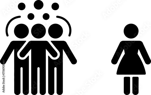 One woman stands alone separated from a group of men