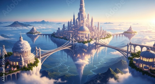 Majestic Sky City Illuminated at Dawn, Hovering Above a Verdant Valley with Winding River and Distant Mountains, Connected by Elegant Bridges Amidst Clouds and a Star-Dusted Sky