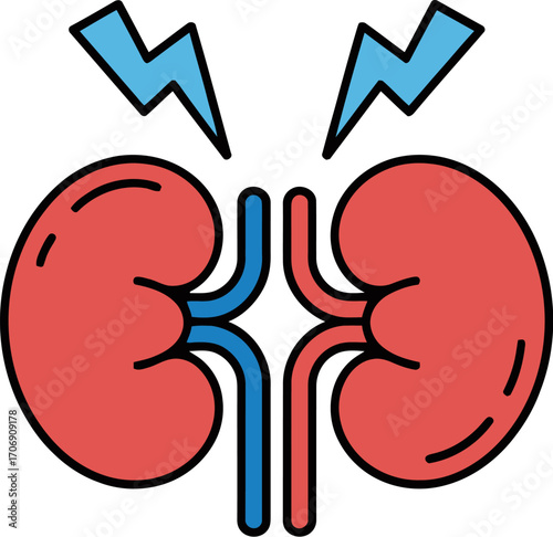 Illustration of painful kidneys with lightning bolts symbolizing discomfort and pain