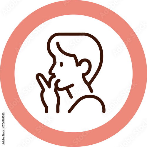Simple line art icon of a person thinking or hesitating with finger to mouth