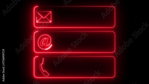 Neon contact icons set with mail, at symbol, and phone on dark background, digital interface design elements for website, app, communication, customer service, and support