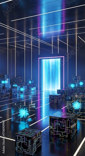 Wallpaper Mural A futuristic, illuminated interior space showcases a network of glowing, technological cubes. Torontodigital.ca