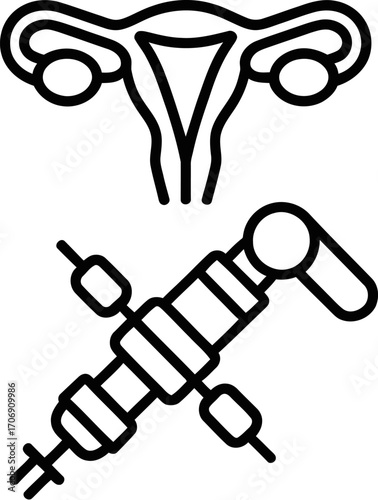 Line art icon of female reproductive system and medical surgical instrument
