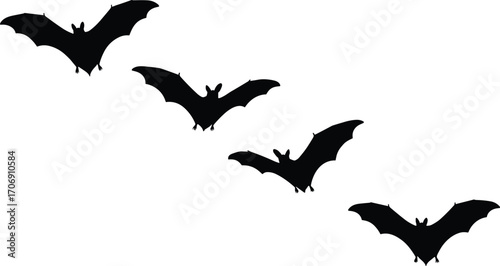 Silhouettes of four bats flying in diagonal formation, dark nocturnal animals, Halloween themed vector, spooky wildlife, black winged mammals