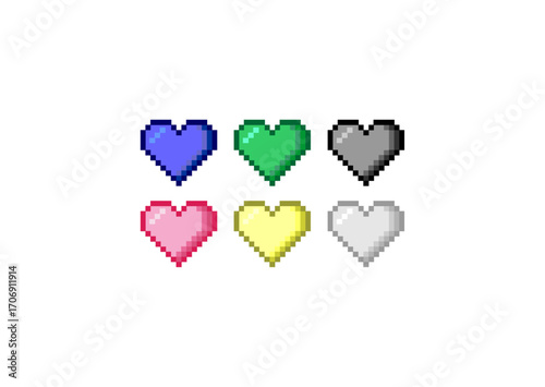 Pixel art of six colorful hearts in blue, green, black, pink, yellow, and white, arranged in two rows on a plain white background.
