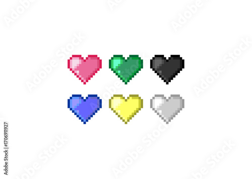 Pixel art of six colorful hearts in pink, green, black, blue, yellow, and white, displayed in two neat rows on a white background.
