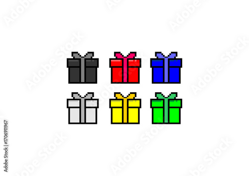 Pixel art of six gift boxes in black, red, blue, white, yellow, and green, neatly arranged in two rows on a plain white background.
