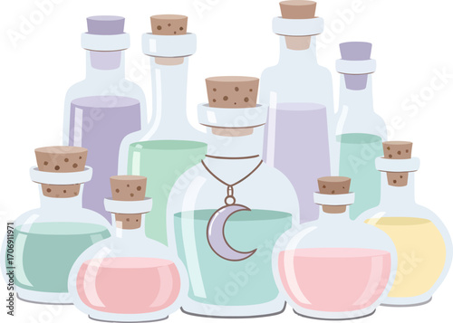 Collection of Pastel Potion Bottles with Corks and a Moon Charm.