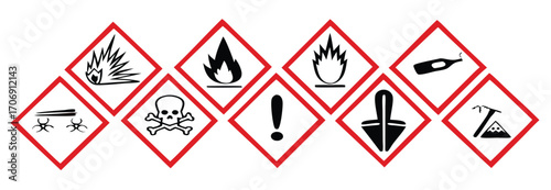 Globally Harmonized System (GHS) hazard Warning symbols with red curved outline isolated on transparent background. All 9 GHS chemical labelling stickers