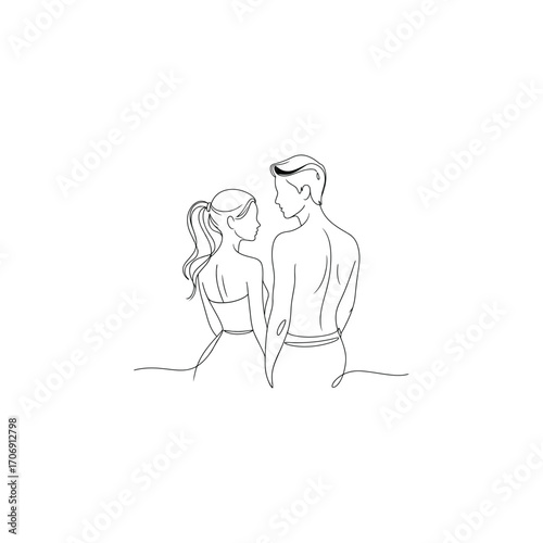 Minimalist line drawing of a couple embracing on a white background