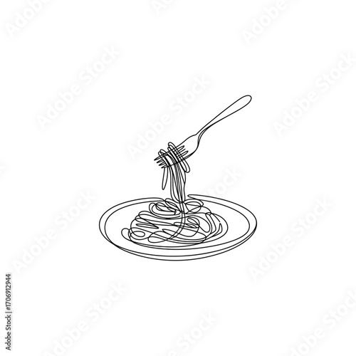 Hand drawn illustration of spaghetti being twirled on a fork over a plate