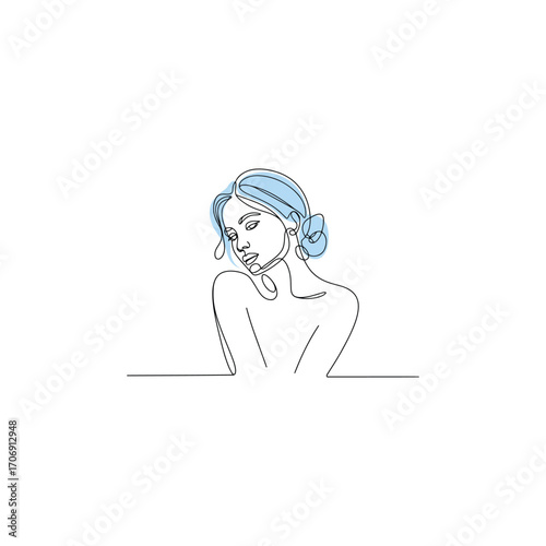 Minimalist line drawing of a woman wearing a blue headscarf
