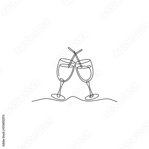 Minimalist continuous line drawing of two wine glasses clinking together