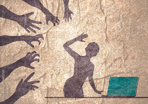 Wallpaper Mural Social concept of sexual assault , domestic violence and harassment. Male hands reaching out to a woman working on laptop in office Torontodigital.ca