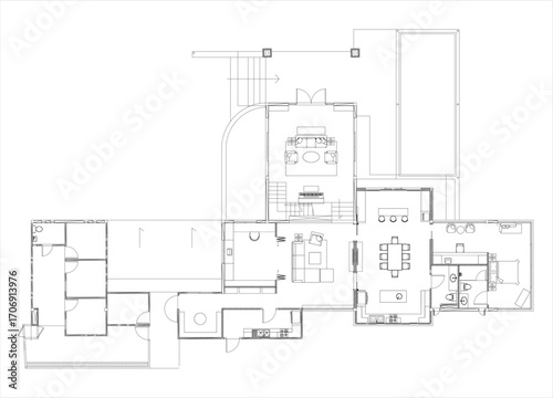 “Interior Design Furniture Layout Plan – 1st Floor Residential Building Living Room, Kitchen, Guest Bedroom Vector Design”