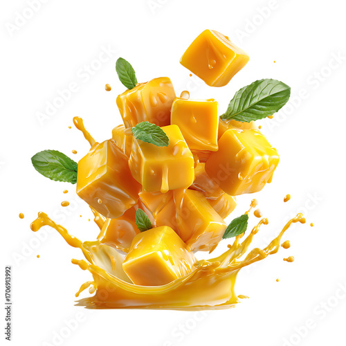 Pile of diced mango pieces splashing in juice isolated on transparent background.