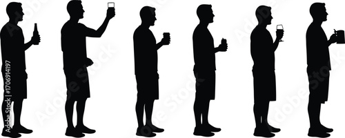 Silhouettes of men holding drinks, beer bottles, glasses, casual summer outfits, social gathering, friendship, leisure time, celebration, party, standing together.