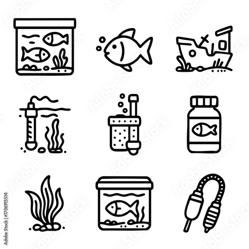 A set of doodle line icons showing aquarium essentials, fish care items, tank decorations, filters, thermometers, and aquatic plants